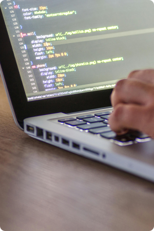Developer writing clean code on a laptop for custom software development.