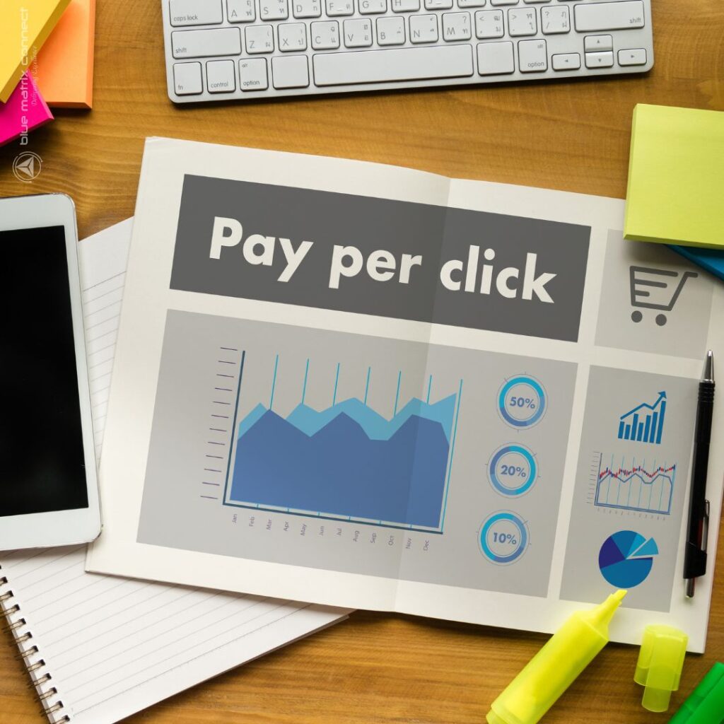 Pay Per Click (PPC) strategy in online advertising on a paper with charts and analytics for business lead generation.