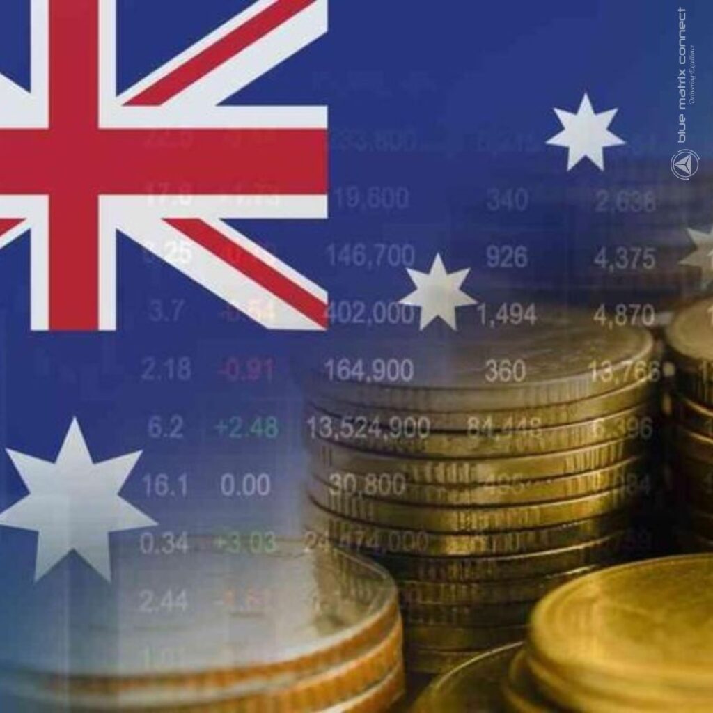 An Australian flag in the background with financial data charts and stacks of gold coins in the foreground, symbolizing business compliance and economic regulations in Australia.