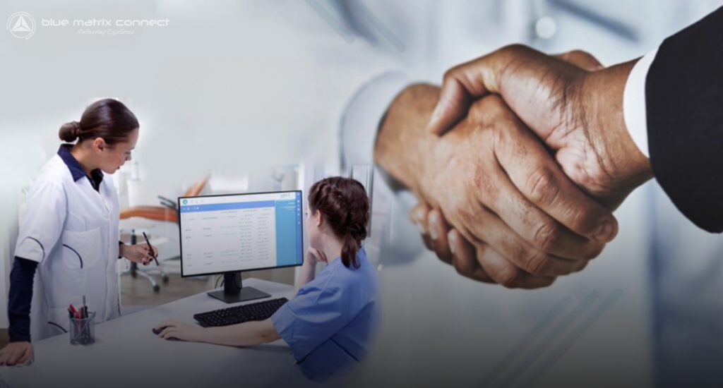 Healthcare professionals reviewing medical billing data alongside a business handshake, representing Blue Matrix Connect’s revenue cycle management and payer collaboration.