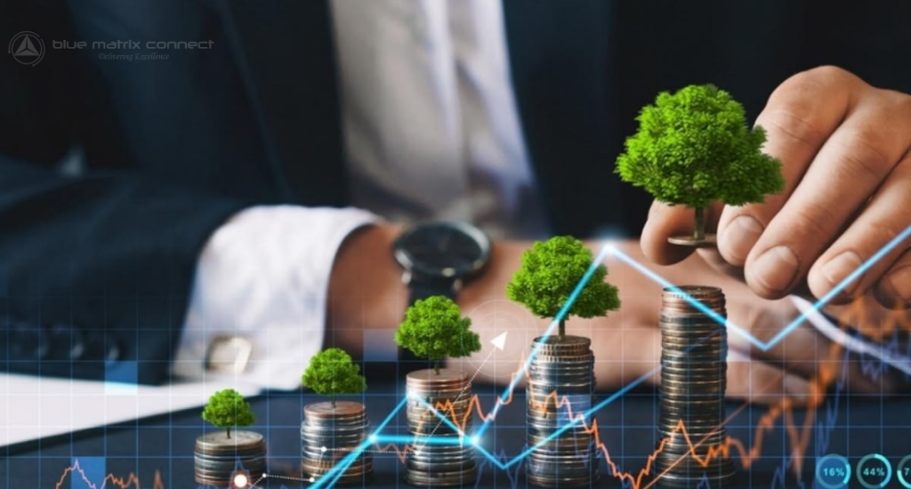 Business professional stacking coins with small plants representing financial growth and improved billing systems