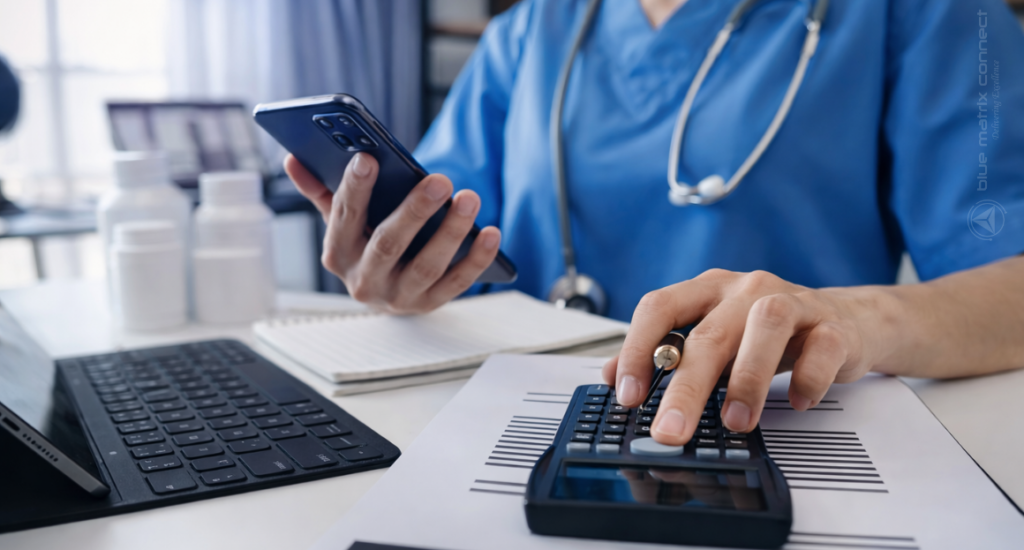 Healthcare provider calculating billing costs and reviewing documents for medicaid claim submission.