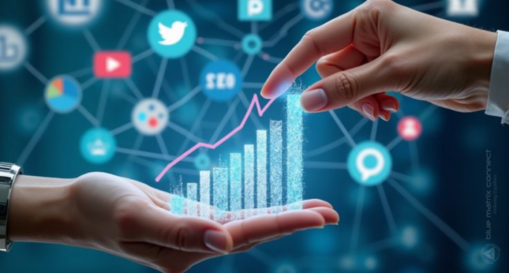  Digital marketing growth analytics with rising graph and social media performance metrics.